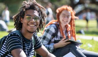 AI generated Portrait of smiling young students sitting on grass in park at university photo