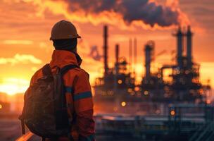 AI generated Engineer or Technician at the Oil and gas refinery plant at sunset or sunrise time photo