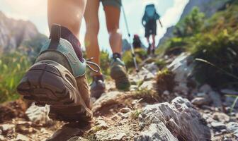 AI generated Hikers walking on a trail in the mountains. Close-up of a pair of hiking shoes photo