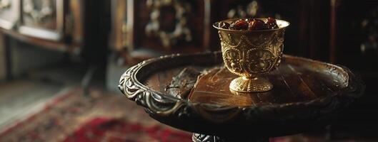 AI generated Ramadan Kareem concept. Dried dates in a bowl on a wooden background. Selective focus photo