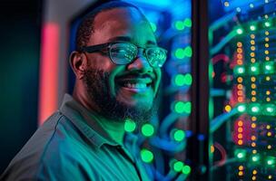 AI generated Portrait of young man standing with arms crossed against server room in data center photo