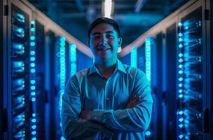 AI generated Portrait of young man standing with arms crossed against server room in data center photo