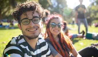 AI generated Portrait of smiling young students sitting on grass in park at university photo