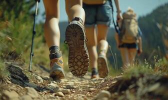 AI generated Hikers walking on a trail in the mountains. Close-up of a pair of hiking shoes photo