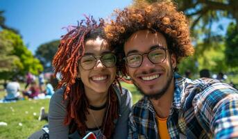 ai generado retrato de sonriente joven estudiantes sentado en césped en parque a Universidad foto