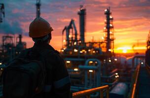 AI generated Engineer or Technician at the Oil and gas refinery plant at sunset or sunrise time photo