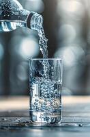 ai generado refrescante agua torrencial dentro vaso en de madera superficie con salpicaduras foto