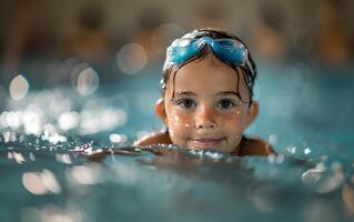 ai generado de cerca de un sonriente joven niña con gafas de protección nadando en el piscina. foto