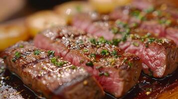 AI generated Succulent Grilled Steak Sprinkled with Herbs, Close-up photo