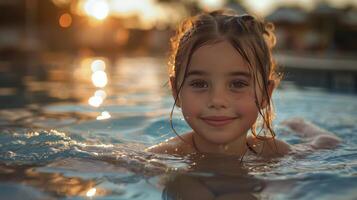 ai generado joven niña nadando en un piscina foto