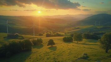 AI generated Sun Setting Over Green Field photo