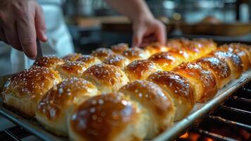 AI generated Tray of Bread Rolls Cooking on Grill photo