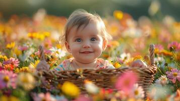 ai generado pequeño niña sentado en campo de flores foto