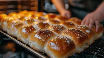 AI generated Tray of Bread Rolls Cooking on Grill photo