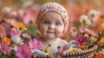 ai generado pequeño niña sentado en campo de flores foto