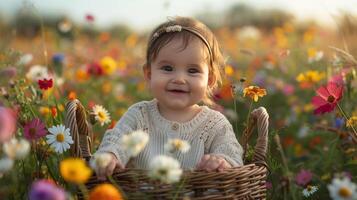 ai generado pequeño niña sentado en campo de flores foto