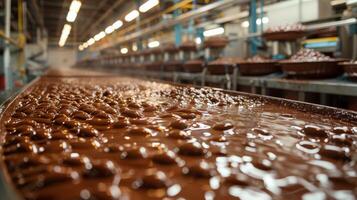 ai generado relleno de chocolate transportador cinturón foto