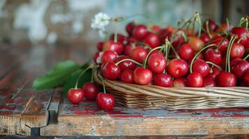 AI generated Basket Filled With Ripe Cherries photo