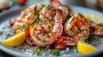 AI generated Plate of Shrimp With Lemon and Parsley photo