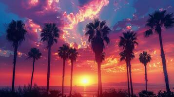 ai generado vibrante puesta de sol con palma arboles y Oceano foto