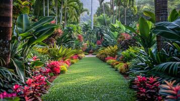 ai generado tropical jardín ruta con palma arboles foto