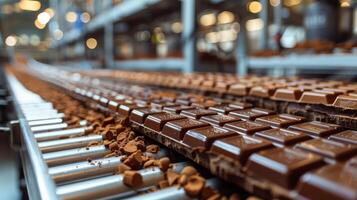 AI generated Row of Chocolate Bars on Conveyor Belt photo