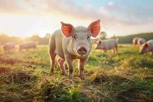 AI generated Free range domestic pigs eating on a meadow.Generative AI photo