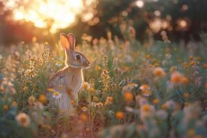 AI generated Cute little rabbit sitting in the garden.Generative AI photo