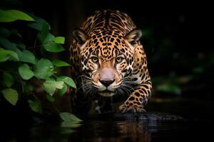 AI generated jaguar in the dark forest.Generative Ai photo