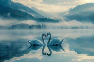 ai generado romántico Pareja de cisnes en el lago montaña antecedentes con niebla.generativa ai foto