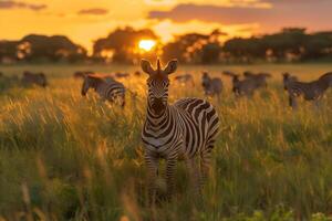 AI generated Herd of zebra in the evening.Generative Ai photo