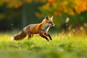 AI generated red fox running in a meadow.Generative AI photo