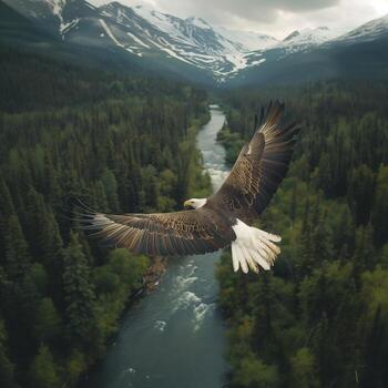AI generated bald eagle flying with mountains in the background,Generative Ai photo