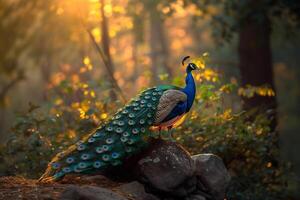 ai generado majestuoso pavo real soportes orgulloso en natural habitat puesta de sol ligero. generativo ai foto