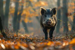 AI generated wild boar walking in forest.Generative AI photo