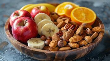 AI generated Wooden Bowl With Assorted Fruits and Nuts photo