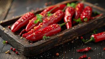 AI generated Wooden Tray With Red Peppers on Table photo