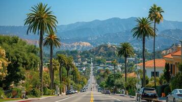 AI generated Palm Trees Lining Street With Mountain Backdrop photo