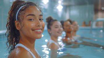 ai generado mujer nadando en un piscina foto