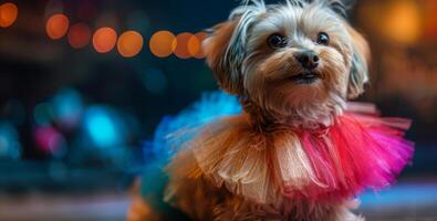 ai generado pequeño perro sonriente en vistoso vestir foto