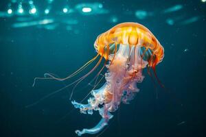 AI generated Glowing jellyfish swiming in deep blue sea.Generative AI photo