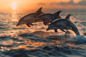 AI generated Dolphin jumping over the sea at sunset.Generative AI photo