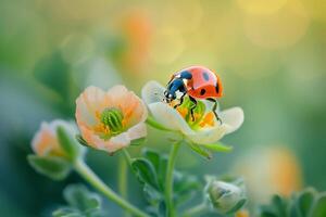 AI generated Red ladybug on a  flowers  beautiful insect in nature.Generative Ai photo