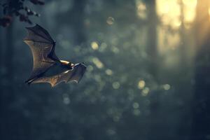 ai generado murciélago volador en oscuro bosque. generativo ai foto