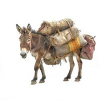 AI generated donkey equipped with a seat and luggage isolated on white background.Generative AI photo