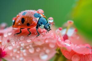 AI generated Red ladybug on a  flowers  beautiful insect in nature.Generative Ai photo