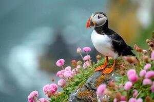 AI generated Closeup shot of an Atlantic puffin standing on the rock with a blurred background.Generative Ai photo