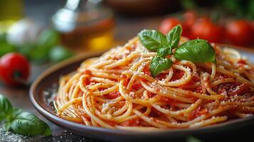 ai generado plato de espaguetis con tomate salsa y albahaca foto