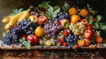 AI generated Still Life Painting of Various Fruits on Table photo