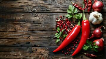 AI generated Three Red Peppers on Wooden Table photo